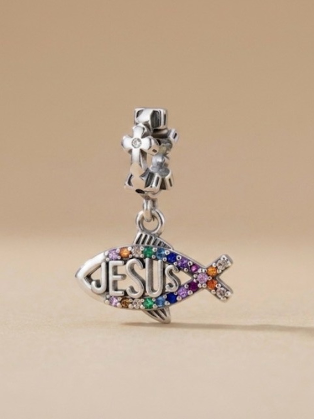 Sterling Silver 'Jesus' Rainbow Fish Dangle Charm